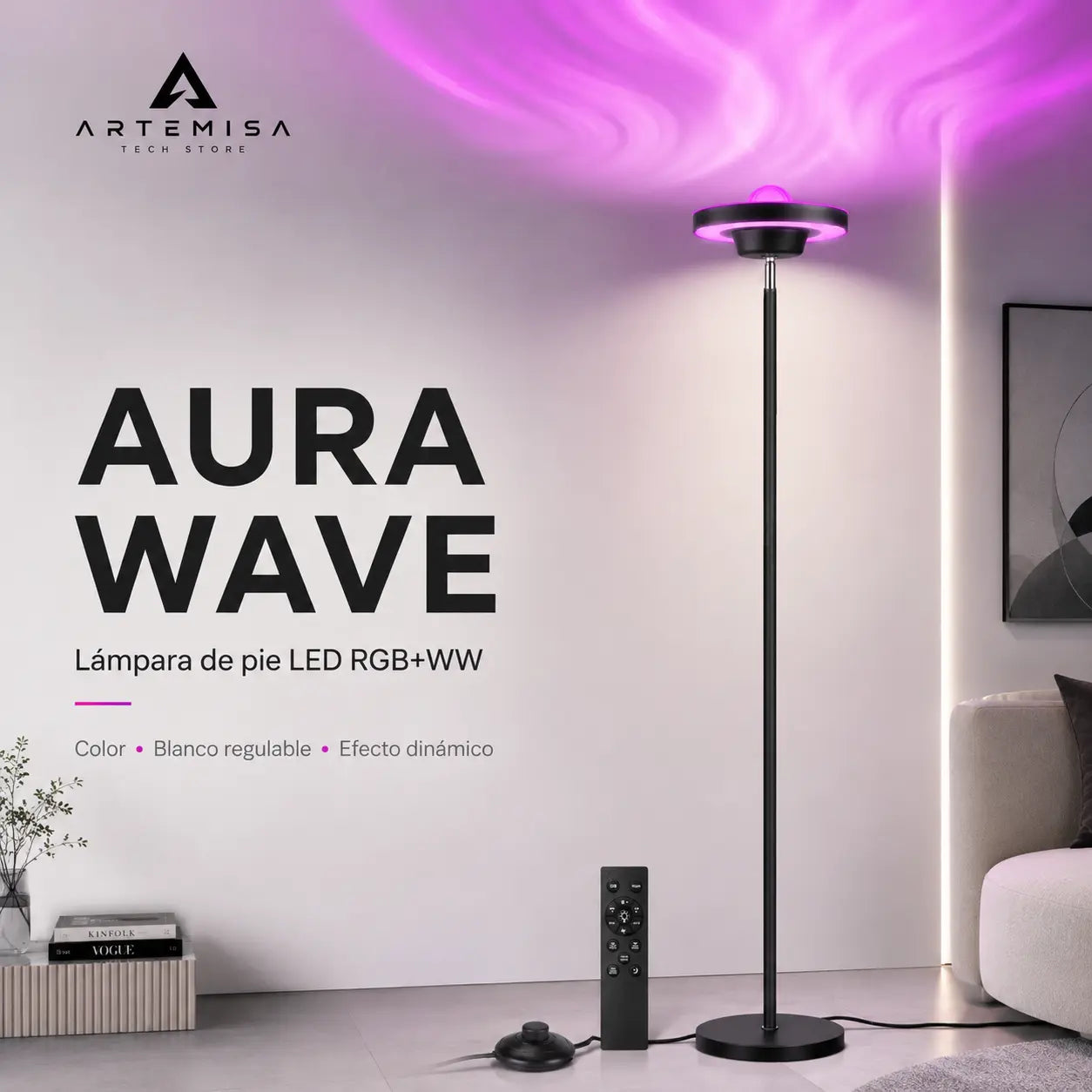 Lámpara de Pie Aura Wave Artemisa proyectando ondas de luz